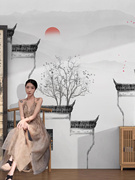 新中式电视背景墙壁纸徽派建筑墙布，客厅餐厅壁画8d立体无纺布墙纸