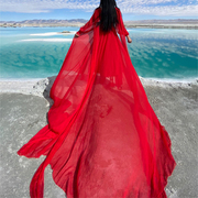 2023春夏真丝连衣裙仙女，气质海边度假沙滩，裙红色超长拖尾拍照长裙