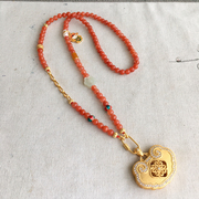 妖石传说天然南红珠链项链黄金挂件绳锁包绳古法编织项链金锁绳