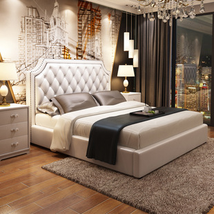 轻奢床高箱双人床1.8米皮艺床小户型1.5黑色主卧室实木床简约现代