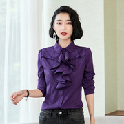 2022秋冬装休闲女衬衫，长袖韩版职业装白领工装，米白色修身紫色