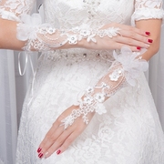 速发公主新娘结婚婚纱礼服蕾丝露指勾指手套薄长款绑带绣立体花朵