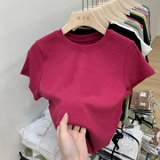 欧版玫红色2022夏小众短款t恤女短袖修身内搭美式螺纹纯色打底衫