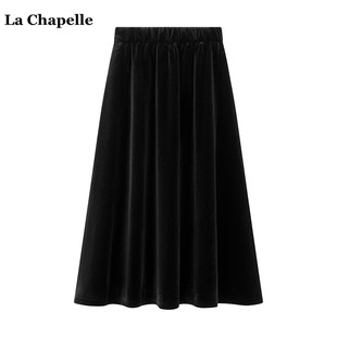 拉夏贝尔lachapelle冬季黑色丝绒加绒半身裙，女中长款伞裙a字裙