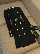 重工西装领长袖四合扣针织回纹黑色腰带，修身收腰气质连衣裙b1974