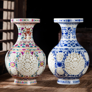 景德镇陶瓷器镂空小花瓶，摆件粉彩青花瓷客厅，插花家居博古架装饰品