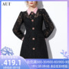 aui气质黑色polo领连衣裙，女2023秋冬名媛，设计感泡泡袖蕾丝裙