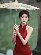 改良旗袍2024年年轻性感，无袖少女夏季日常红色连衣裙中式晨袍