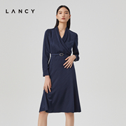 lancy朗姿2023年春季收腰v领连衣裙，女高级设计感通勤女裙子