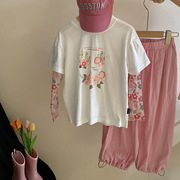 韩版套装2024夏季女童假两件网纱拼接袖花朵T恤洋气工装裤潮