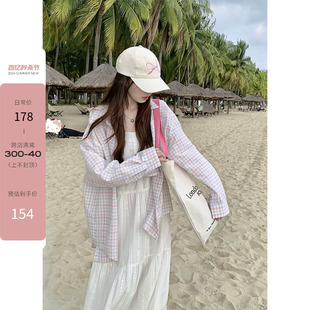 cozydays粉色宽松翻领格子衬衫女春季韩系设计感外搭长袖上衣