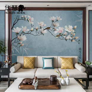 华琴新中式电视背景墙壁纸，影视墙墙布，客厅壁布卧室墙纸花鸟壁画