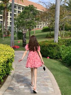 夏日会在晚餐后-泡泡袖v领连衣裙夏粉色(夏粉色)立体玫瑰花瓣气质甜美裙子