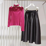 秋冬高级感两件套2023欧货高级感玫红色，针织衫上衣半身裙时尚套装