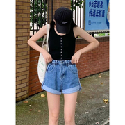 300斤大码女装韩版复古牛仔短裤，女夏季个性松紧腰显瘦a字裤子