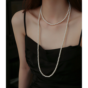 施家新中式多层叠戴长款珍珠项链2024女士，毛衣链轻奢颈链