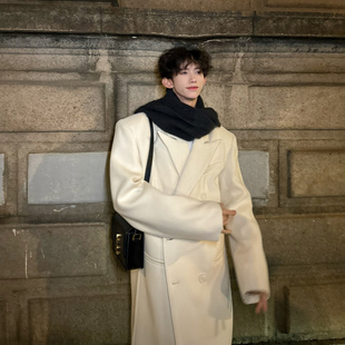 冬装韩国米色毛呢大衣男时尚长款过膝设计感呢料气质风衣加厚外套