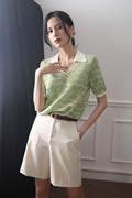 绿色短袖针织衫女夏季薄款设计感小众套头法式复古气质polo领上衣