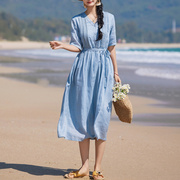 原创棉麻文艺范女装宽松七分袖显瘦高端夏季气质苎麻连衣裙