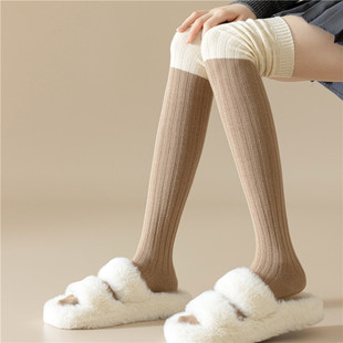过膝袜女秋冬瘦腿竖条显瘦高筒，护膝长袜套，春秋款拼色粗线长筒袜子