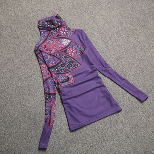 欧洲站2023秋季洋气高领，打底衫花色网纱长袖，t恤时尚修身紫色上衣