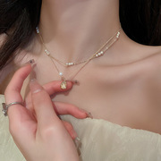 巴黎设计师双层钛钢异形淡水珍珠，项链几何椭圆豆豆吊坠锁骨链
