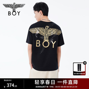 BOYLONDON春夏情侣款短袖烫金老鹰logo羽毛印花T恤N01800