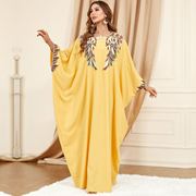 跨境中东迪拜黄色蝙蝠袖穆斯林外贸服装宽松时尚大码连衣裙女3310