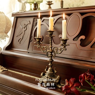复古森林欧式做旧仿铜三头五头铸铁烛台，婚庆家居装饰道具蜡台摆件