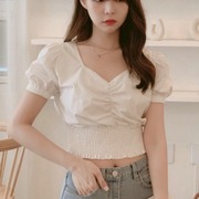 褶皱松紧腰短款衬衫女韩版法式小众纯色，束腰上衣泡泡袖v领打底衫