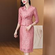 喜婆婆婚宴装粉色礼服裙，2024春季复古优雅重工刺绣钉珠连衣裙
