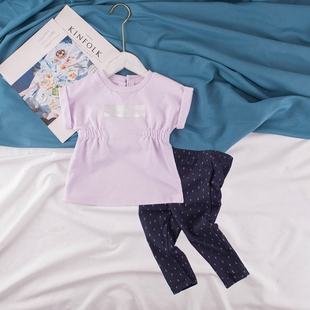 格林婴童C春夏季女童装香芋紫收腰短袖卫衣+打底裤时尚两件套装