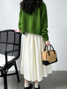 绿色短款毛衣外套，女2023秋季女装慵懒风，宽松圆领开衫针织上衣