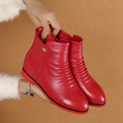 秋冬平跟短靴单靴红色，婚鞋真皮内增高加绒马丁靴女靴子红色