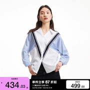 veromoda衬衫女2024春夏海军蓝，白条纹(白条纹，)蝙蝠七分袖翻领通勤