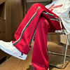 红色裤子男设计感小众拼接织带直筒裤春秋款宽松胖子大码运动卫裤