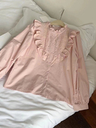 CHAO级！韩系复古刺绣荷叶领立领粉色衬衫女早春宽松长袖上衣