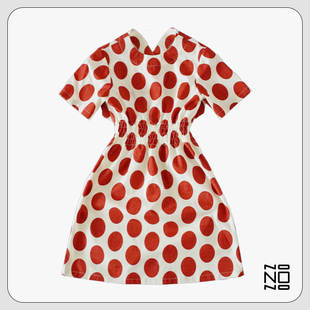 nonono夏季点点连衣裙，砖红色椭圆点点短袖，连衣裙后背系扣子