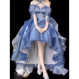 蓝色花嫁礼服lolita连衣裙洛丽塔重工拖尾蓬蓬前短后长在逃公主裙