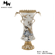 欧式餐厅装饰摆件陶瓷配铜花插花瓶美式奢华客厅手绘花鸟软装饰品