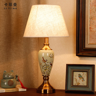 触摸陶瓷台灯美式简约现代中式卧室客厅书房，温馨暖光结婚床头灯