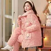 睡衣女冬季三层珊瑚，保暖绒夹棉袄韩版可爱加厚加绒女士家居服套装