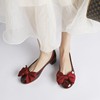 韩版圆头浅口甜美蝴蝶结气质珍珠，粗跟中跟漆皮，单鞋红色伴娘鞋婚鞋