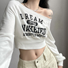 gagaopt韩版字母印花减龄白色长袖卫衣女显瘦短款斜肩套头上衣春