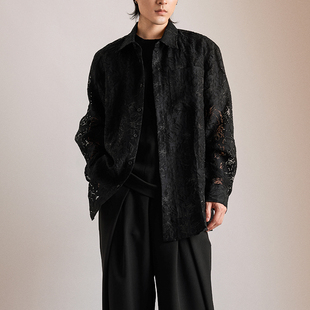三木公白复古镂空花衬衫，男设计感小众日系宽松黑色衬衣外套高级