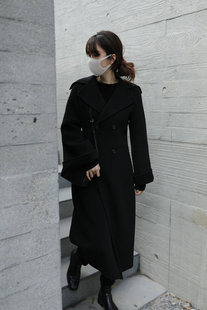 倪妮同款中长款黑色西装领大衣，喇叭袖双面羊毛，羊绒双排扣修身外套