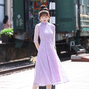 中国风改良版蕾丝连衣裙长款洋气时尚夏女复古甜美奥黛旗袍年轻款