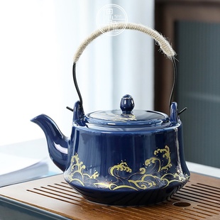 偲逸霁蓝茶壶家用大容量，单壶凉水壶泡，茶壶耐热不锈钢过滤提梁陶瓷