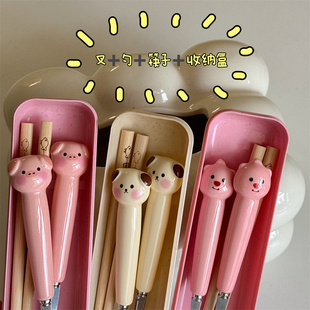 奶fufu可爱卡通小动物，不锈钢筷子叉勺情侣外出自带便携餐具套装