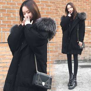 2021冬季黑色超大毛领，棉服女韩版宽松加厚派克，面包中长款连帽